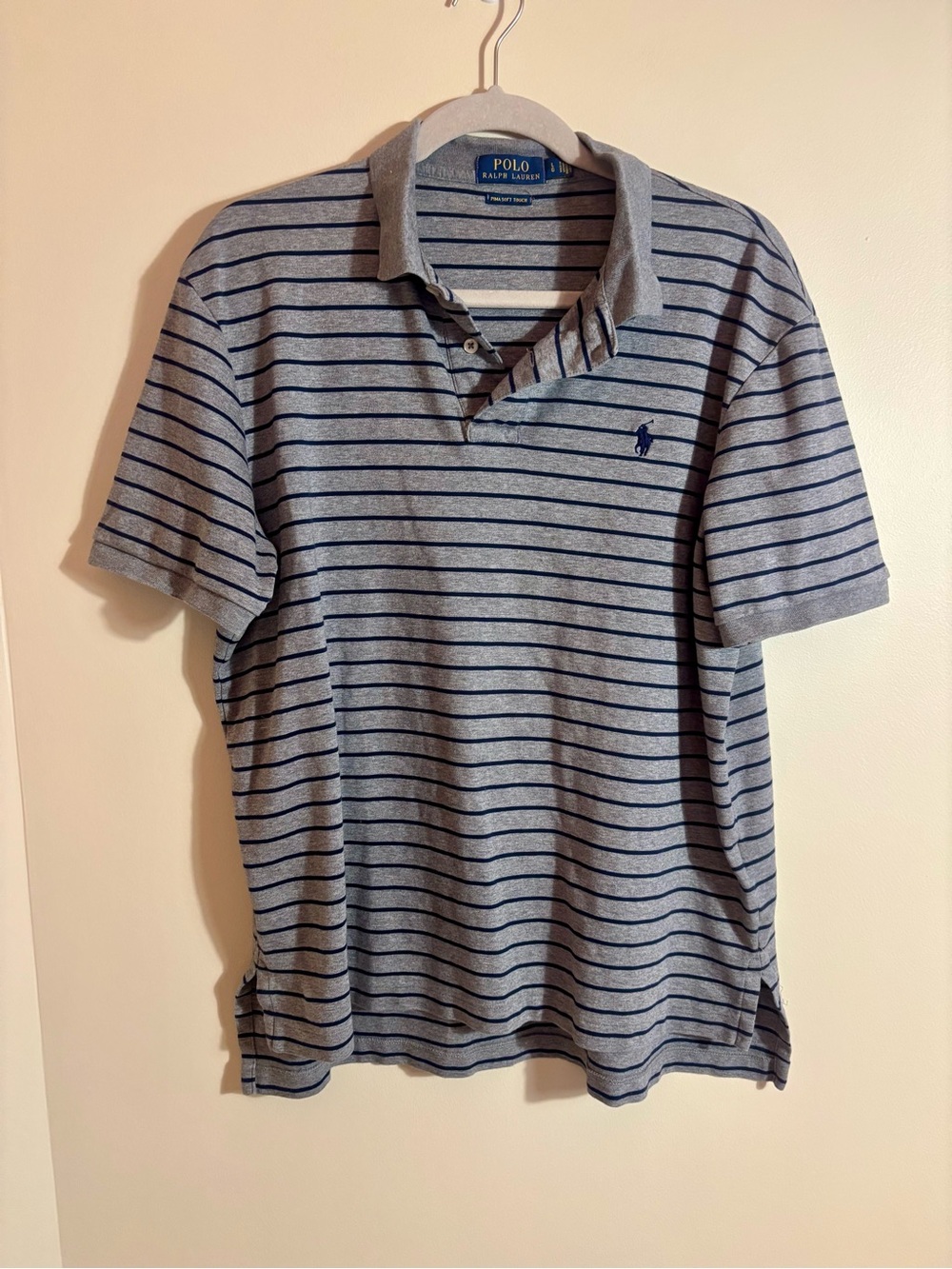 Polo by Ralph Lauren Men's Gray & Navy Striped Collared Polo Shirt size Large